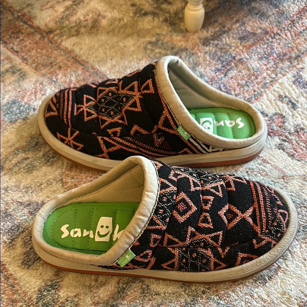 Sanuk Black and Orange Slip-On Shoes